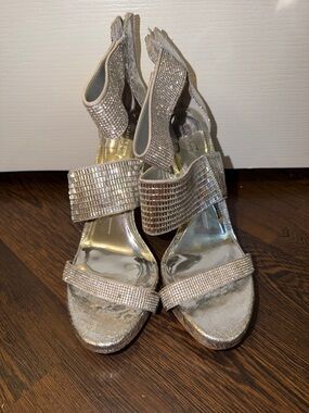 Gianni Bini Silver Rhinestone Strap Heels